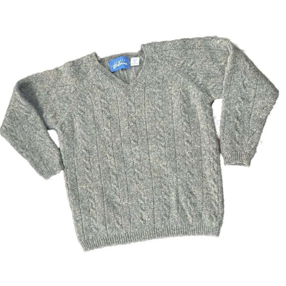 Vintage Express Bleus 100% Wool Cable Knit V-Neck Sweater Grey Heather, S